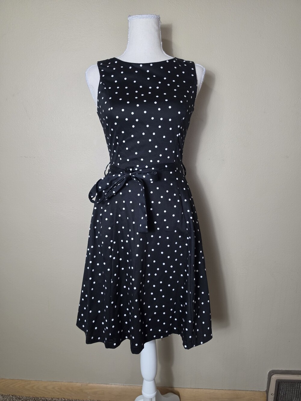 Orsay Black White Polka Dot Fit & Flare Dress | Size 36 US 6 | Belted Midi Dress